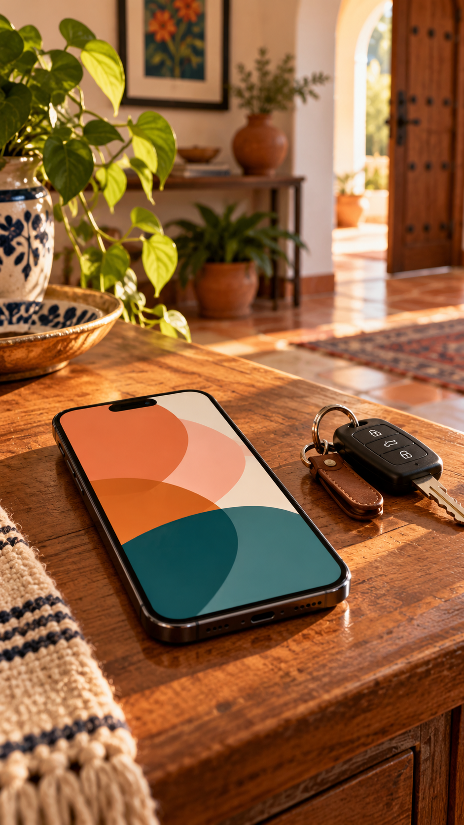 Teléfono y llaves de automóvil en una mesa; ilustración conceptual.