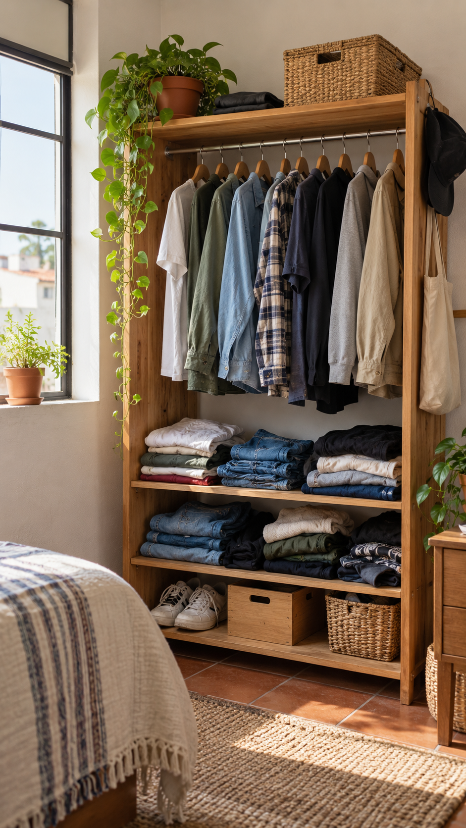 Clóset pequeño con ropa y repisas en una habitación.