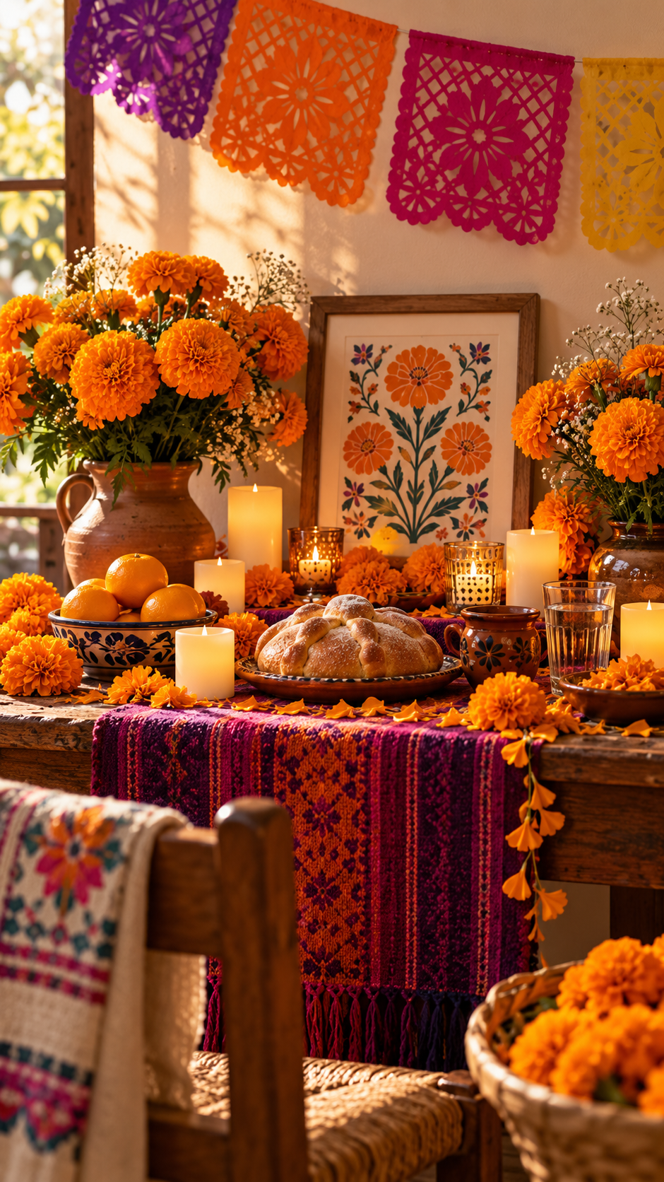 Ofrenda doméstica con cempasúchil y papel picado.