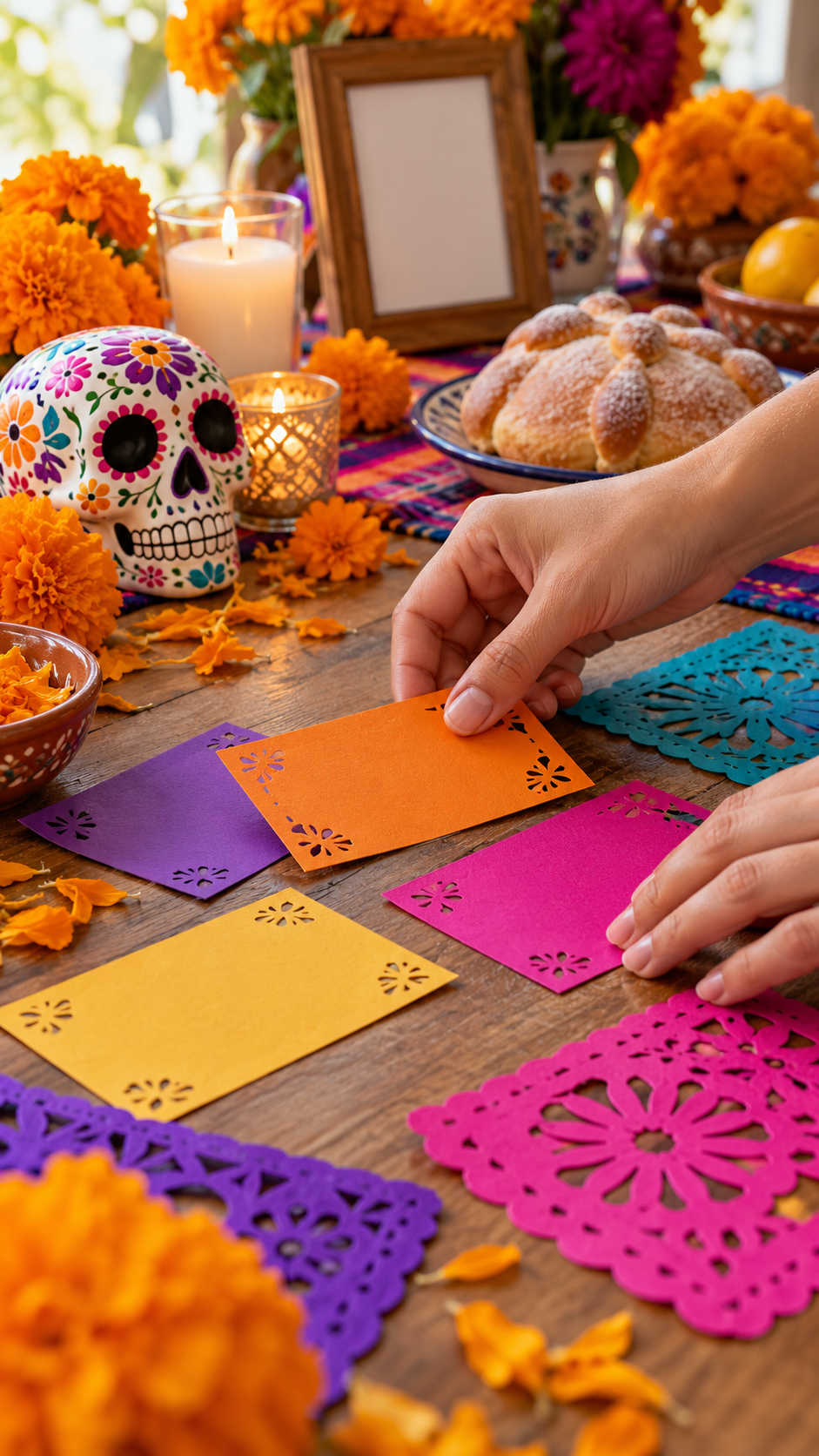 Manos preparando tarjetas de recuerdos para una ofrenda.