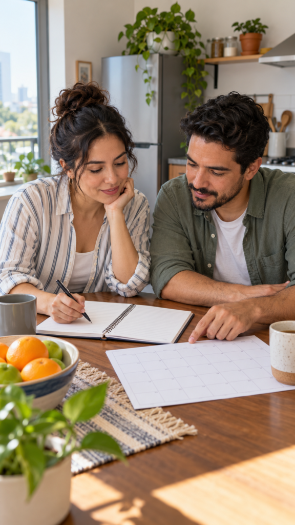 Dos personas adultas planeando las tareas del hogar.