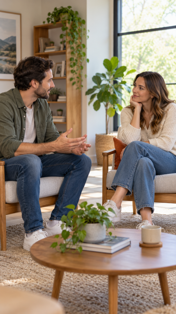 Pareja adulta conversando con respeto en una sala.