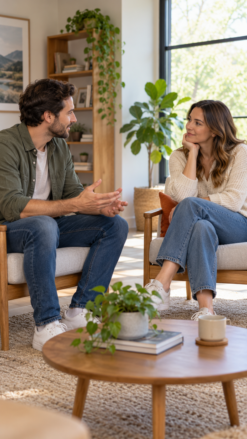 Pareja adulta conversando con respeto en una sala.