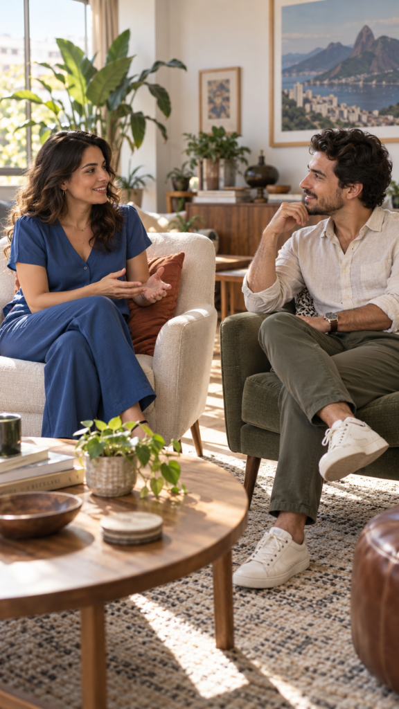 Dos adultos conversando con calma en una sala de luz cálida.