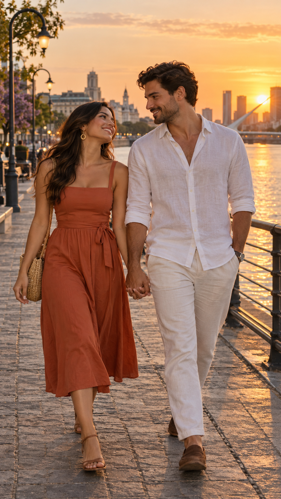 Pareja adulta caminando de la mano junto a un río al atardecer.
